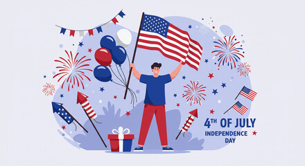 Happy 4th of July Poster with Fireworks and American Flags &ndash; USA Independence Day Celebration