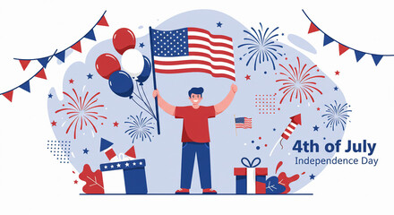 Happy 4th of July Poster with Fireworks and American Flags &ndash; USA Independence Day Celebration