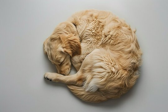 Un piccolo golden retriever accoccolato su una superficie chiara dorme pacificamente