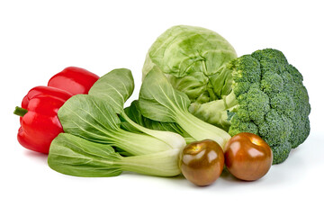 Fresh Vegetable Assortment,Cabbage, Bok Choy, Bell Pepper, Broccoli, Tomatoes, isolated on white background.