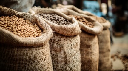 Obraz premium Jute sacks filled with grains and spices in traditional market stall environment