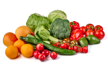 Fresh Assortment of Fruits and Vegetables, Bok Choy, Cucumber, Tomatoes, Oranges, Peppers, Broccoli, isolated on white background