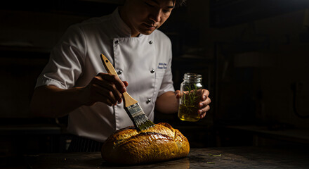 Chef brushing crust with rosemary-infused olive oil, golden sheen detailed in low-light booth contrast.

