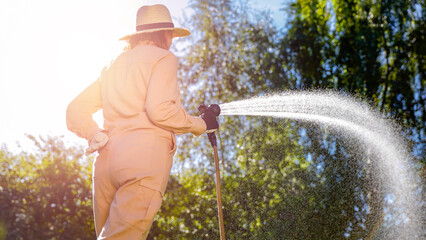 Woman in gardening overalls with garden hose with visible stream of water flowing and garden...