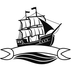 A vector illustration shows a pirate ship silhouette, a sailing vessel on the sea, an icon of old nautical adventure