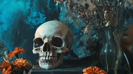 Still life with human skull, glass vases and flowers in moody atmospheric lighting