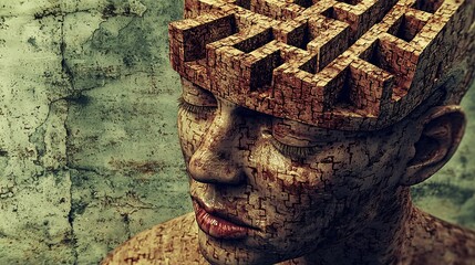 surreal scene of a maze forming inside a human head, symbolizing mental entrapment, confusion, and psychological control caused by gaslighting. mental maze, psychological trap, mind confusion, 