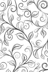 Black and white floral pattern with swirling vines and leaves Generative AI