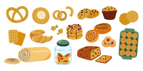 Vector illustration set featuring various baked goods, cookies, crackers, pretzel, muffin, sweet rolls, baking tray, croissant, jam pancakes, and cake roll