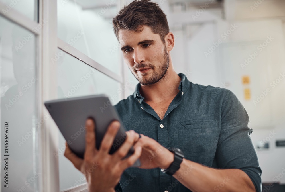 Poster tablet, business man and research online for information, news or networking in startup office. digi