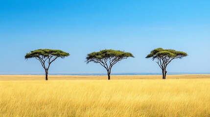 African savanna with three acacia trees.