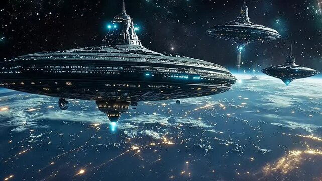 Futuristic extraterrestrial space platforms orbiting above a glowing planet