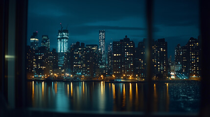 Obraz premium Nighttime urban view through car window with glowing streetlights and atmospheric reflections, blurred city surroundings