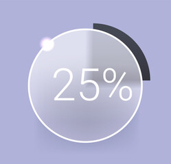 Radial twenty five percent glass morphism diagram on gray background. 25% infographic icon