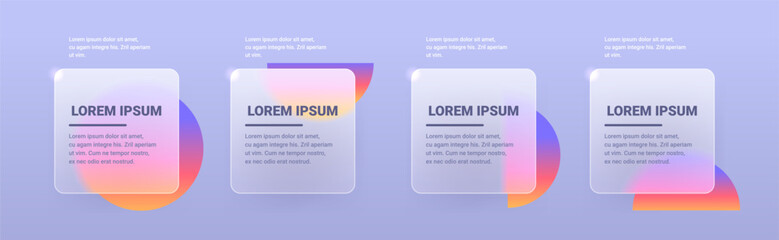 Glass morphism square panels set with circle and semicircle on blue background. Vector template for business infographic