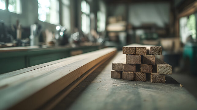 Woodworking workspace with stacked timber and boards Generative AI