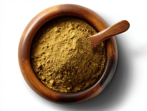 Ground cumin powder in a round wooden bowl, isolated on a white background, top view.