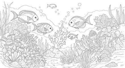 Fototapeta premium Fish Swimming Among Coral Reefs Line Art for Coloring Page