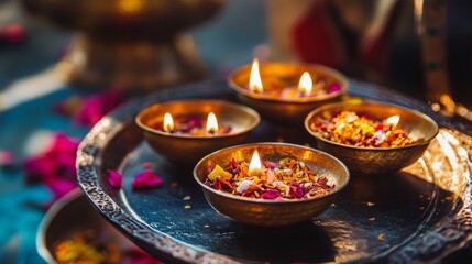 Traditional Diwali celebration setup with lit candles and flower petals in golden bowls