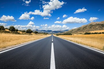 Naklejka premium Sunny day, asphalt road with white lines winding through the mountains of Spain. Beautiful natural landscape background with a blue sky and fluffy clouds. Travel concept. 