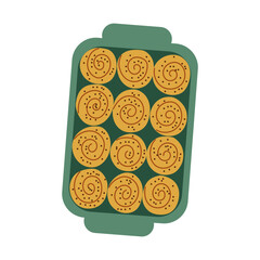 Flat vector illustration of a metal baking tray filled with freshly baked golden buns, isolated on a clean white background.