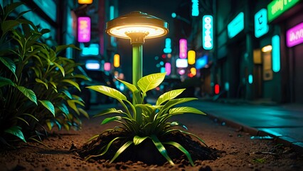 Lush green plant illuminated by a futuristic street lamp at night, vibrant city backdrop.
