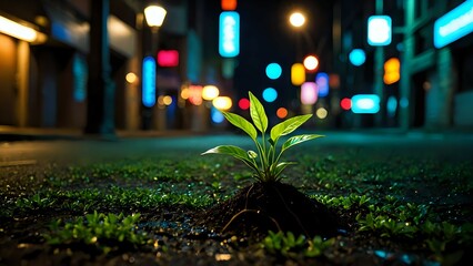 A resilient young plant sprouts from the city pavement at night, amidst blurred city lights, symbolizing urban nature and hope.