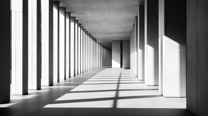 Obraz premium Modern concrete hall with large columns and glowing windows, abstract architectural space illuminated by professional studio lighting