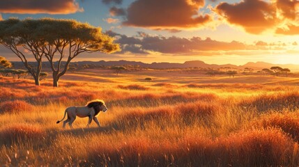 Naklejka premium Majestic lion strolls across golden savanna at sunset