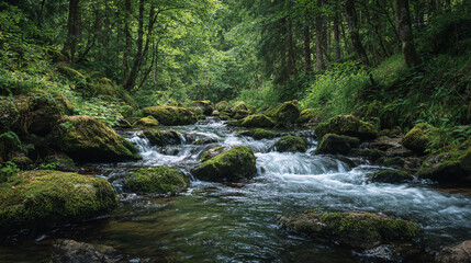 Explore nature river stream flowing through forest landscape with mossy rocks and green tree background