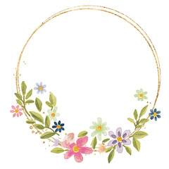 Watercolor flower frame with circle gold frame.
