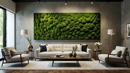Modern living room interior design featuring a large preserved moss wall art, beige sofa, armchairs, coffee table, and floor lamp. Creates a calming and sophisticated atmosphere.