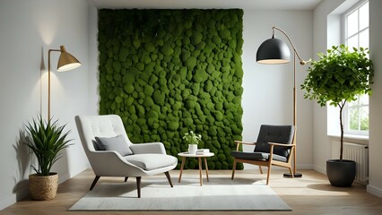 Serene living room with moss wall, modern chairs, and floor lamps.  Perfect for relaxation and interior design inspiration.