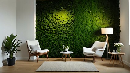Modern living room interior with a stunning moss wall, two comfy armchairs, a coffee table, a floor lamp, and potted plants. Creating a serene and calming atmosphere.
