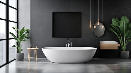 Fototapeta premium Minimalist black bathroom with freestanding tub, plants and clean contemporary style