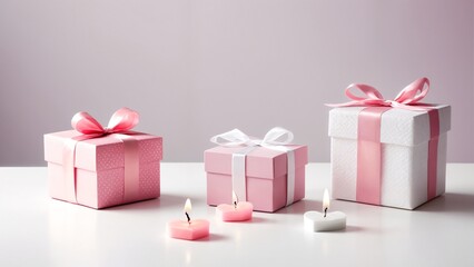 Obraz premium A group of three pink and white gift boxes with pink ribbons and bows.