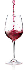 Pouring red wine into a glass on a white background.