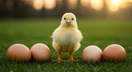 Chick and eggs on grass at sunrise