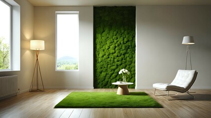 Modern living room interior design with a moss wall, green rug, and white armchair.  Peaceful and serene atmosphere.