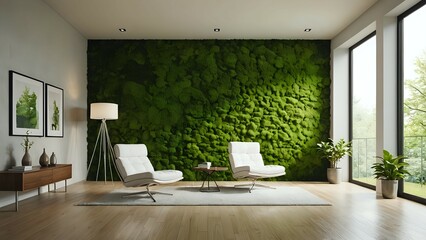 Modern living room interior design with a stunning moss wall, featuring two white leather armchairs and a wooden floor. Perfect for articles about eco-friendly home decor and interior design trends.