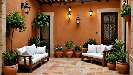 Serene Mediterranean courtyard with terracotta pots, lush greenery, and comfortable white sofas. Ideal for relaxation and tranquility.