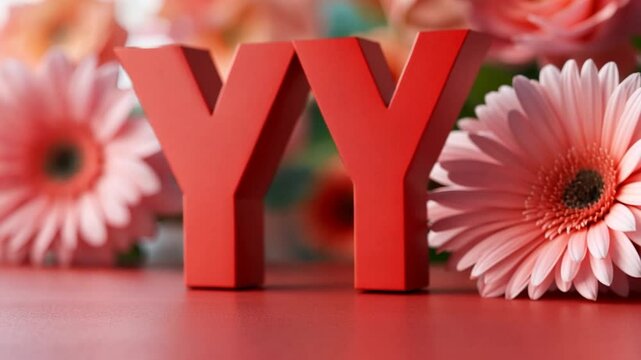 Red letters YY framed by pale pink gerbera daisies on a red surface