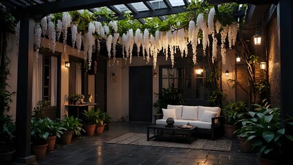 Serene evening patio scene with a pergola draped in white wisteria, comfortable seating, and ambient lighting. Perfect for relaxation and tranquility.