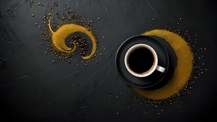 Luxurious black coffee cup with gold coffee beans and powder swirls on dark background.  Aromatic and elegant image perfect for coffee brands or sophisticated publications.
