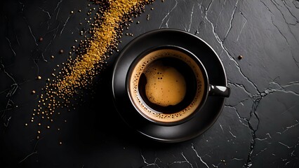 Aromatic dark coffee in a black cup sits on a dark marble surface with scattered coffee beans, creating a sophisticated and moody atmosphere.