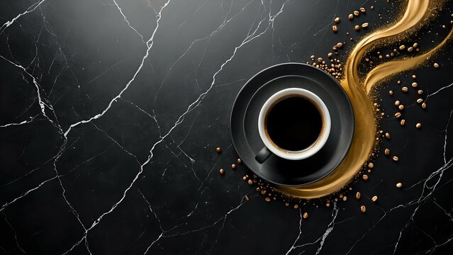 Luxurious black coffee on dark marble, gold accents, coffee beans. Elegant, sophisticated drink image perfect for menus or advertising.