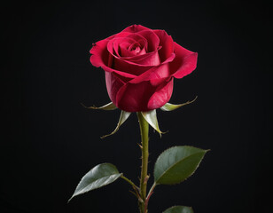 Elegant red rose stands against a dark backdrop, showcasing its delicate petals and verdant leaves.