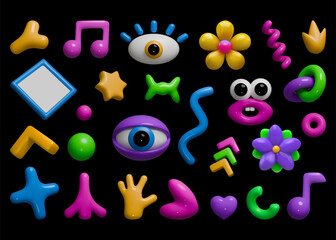 Y2K elements. Flower music 3D shapes. Fun abstract graphic with glossy plastic figures. Render spiral. Inflated 90s doodles. Childish minimal blob. Primitive curves. Vector soft forms set