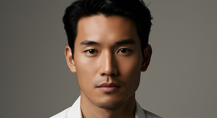 Fototapeta premium Close up of a Serious Asian Man with Neutral Expression in a Studio Light Brown Skin Tone Creating a Contemplative Mood