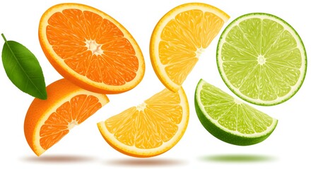 Fototapeta premium Mixed citrus fruit slices (orange, lemon, lime) in mid-air, with detailed pulp, rind, and subtle shadows, isolated on white